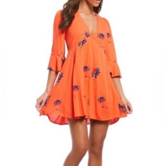 Free People Dresses & Skirts - Free People Orange Floral Wrap Mini Dress
